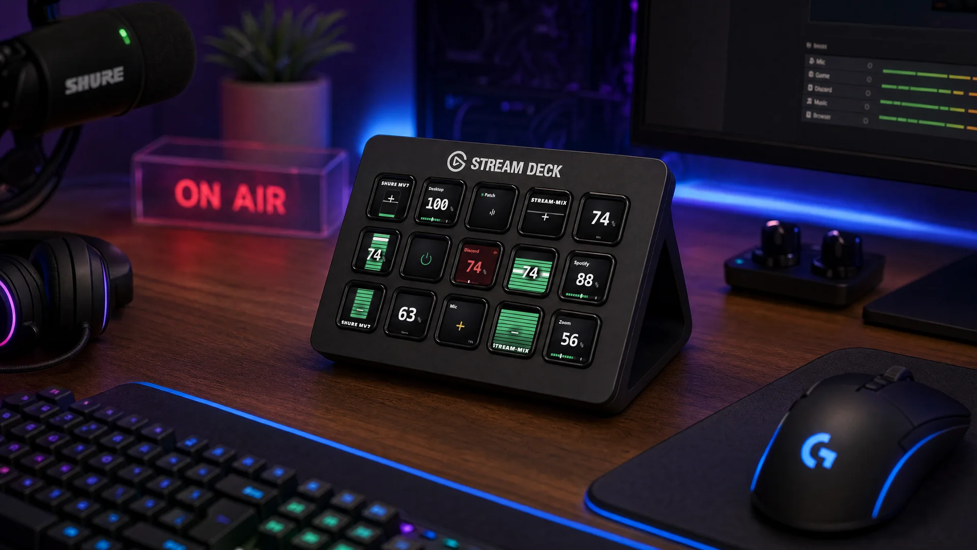 Stream Deck MK.2 mit NoicePatch auf dem Schreibtisch mit ON-AIR-Schild