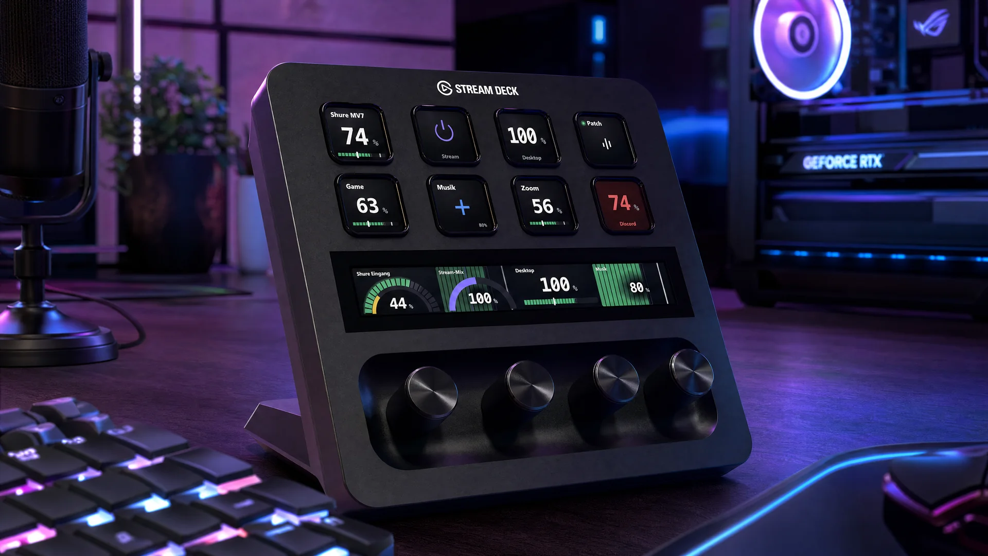 Stream Deck MK.2 mit NoicePatch: zwei Fader-Züge und Live-Meter auf den Tasten