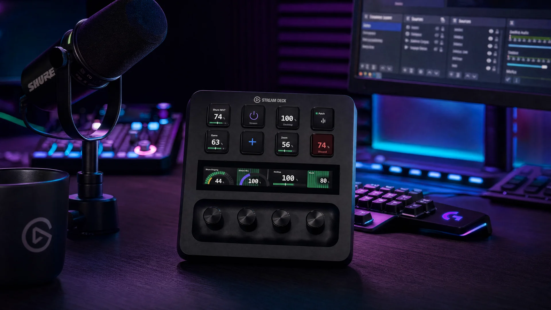 Stream Deck + mit NoicePatch-Dials und Fader-Zügen im Studio