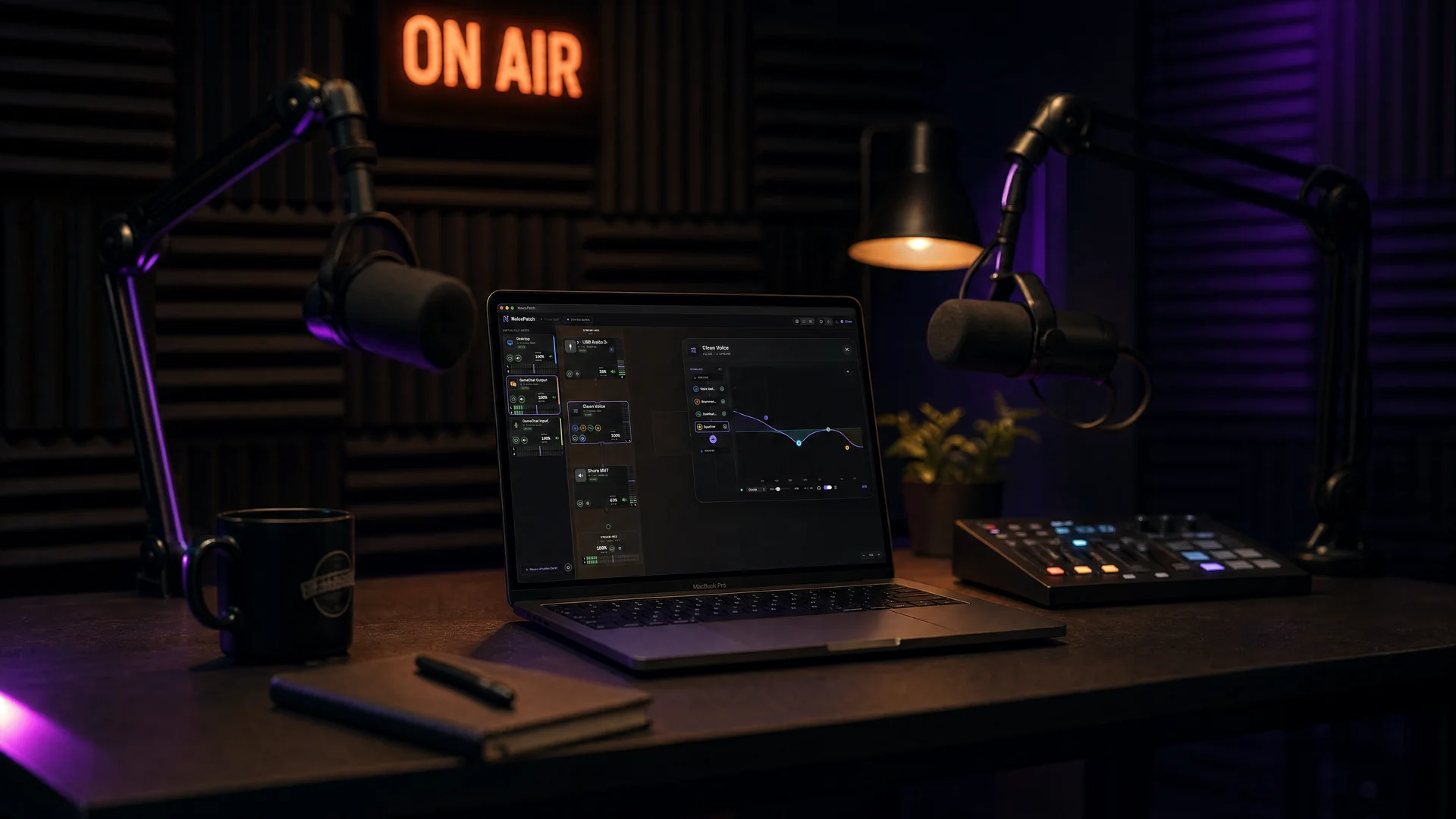 Podcast-Studio mit zwei Mikrofonen — NoicePatch läuft auf dem MacBook