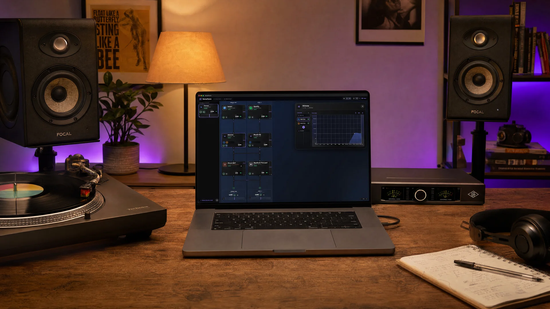 Studio mit Plattenspieler und Monitoren — NoicePatch mit offenem Equalizer