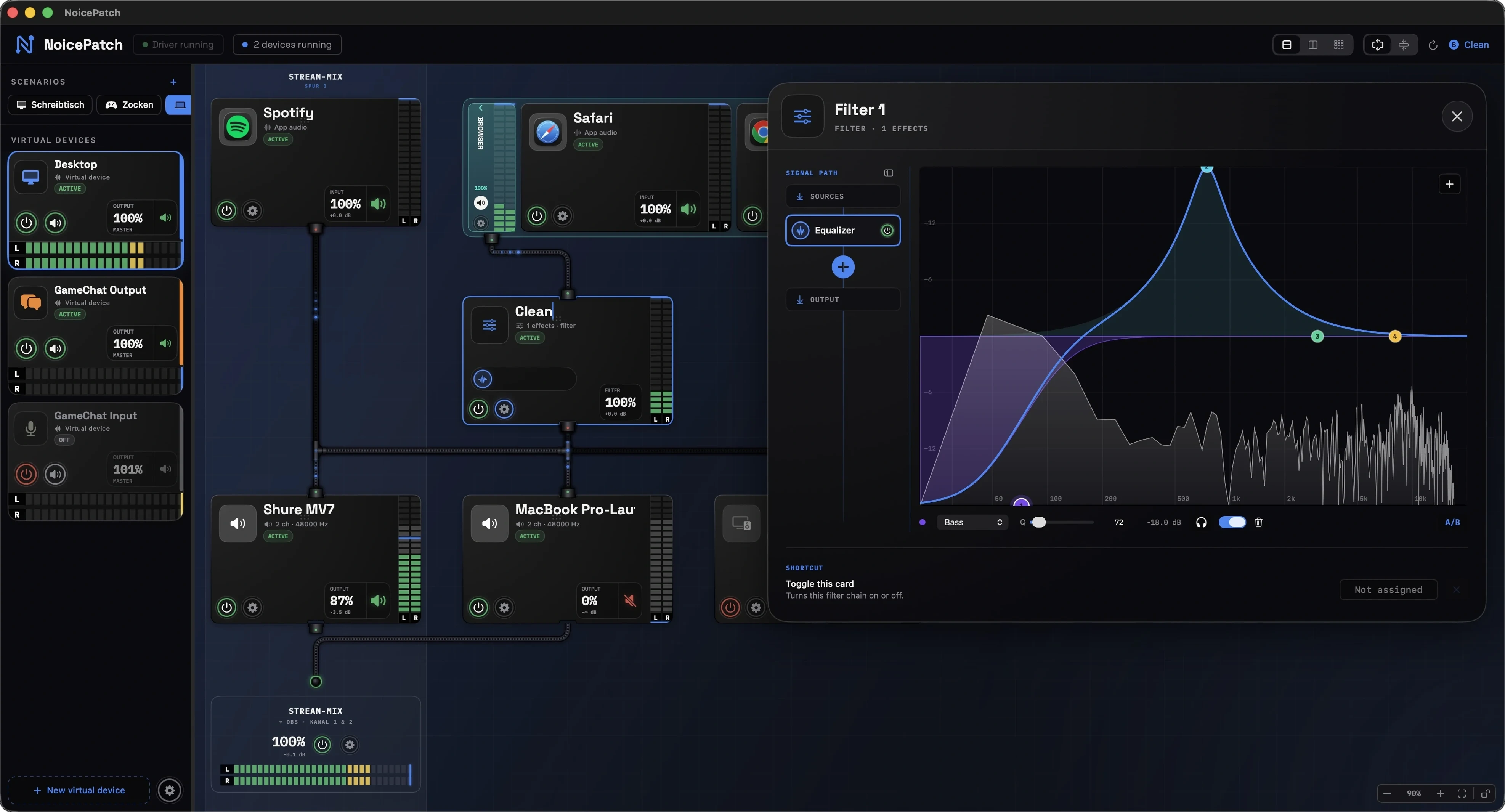 NoicePatch Equalizer mit Live-Kurve und farbigen Bändern